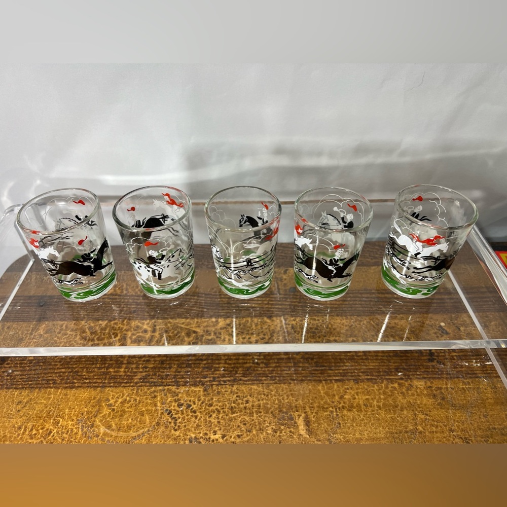 Vintage Set of 5 Hazel Atlas Barware ~ Fox Hunt Cocktail Set Whiskey Glasses MCM